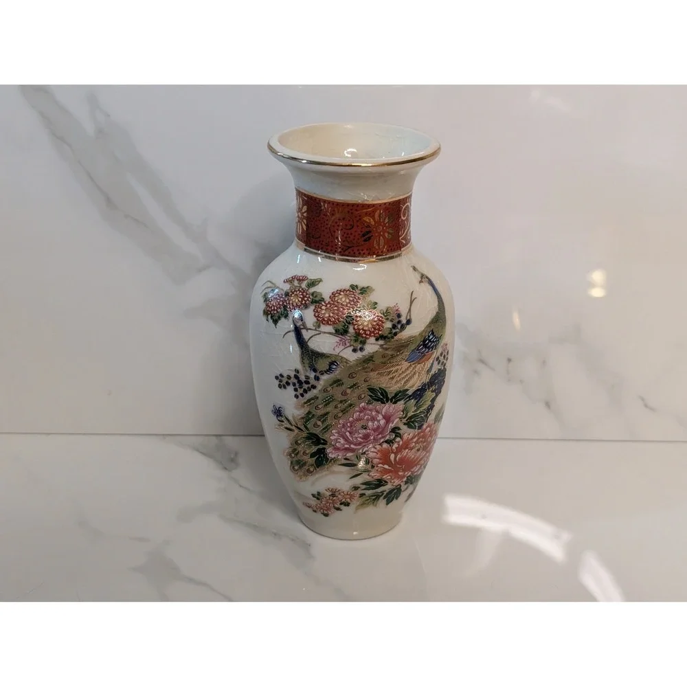 Vintage Japanese Satsuma Peacock Porcelain Vase Crackle Glaze Floral Gold Trim